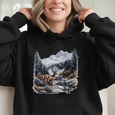 Retro Whitetail Buck Deer Winter Mountain Scene Hoodie Nineties 90s Vintage Deer Nature Lover Outfit Boho Unisex