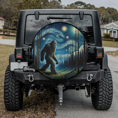 Bigfoot Starry Night Spare Tire Cover, Artistic Sasquatch Forest Design For Adventure And Mystery Lovers Spare Tire Cover