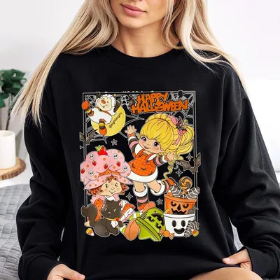 Happy Halloween Strawberry Sweatshirt Cute Retro Witch Kids Sweatshirt Pumpkin Candy Bucket Ghost Cat Vintage Fall