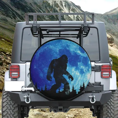 Spare Tire Cover With Backup Camera Hole, Mysterious Bigfoot In Forest With Glowing Blue Moon Spare Tire Cover