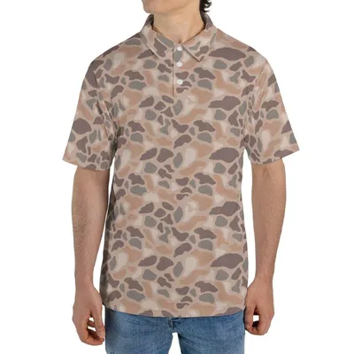 Terrazzo Camo Polo, Earth Tone Stone Pattern, Men'S Retro Style Polo Shirt, Brown Tan Performance Top, Unique All-Over Design