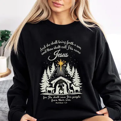 Boho Jesus Christmas She Shall Bring Forth A Son Crewneck Sweatshirt Come Let Us Adore Him Nativity Scene Christian