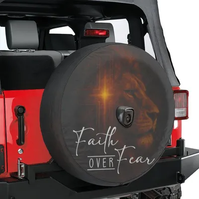 Faith Over Fear Spare Tire Cover, Lion Of Judah Christian Graphic, Religious Cross Universal Wheel Protector Spare Tire Cover