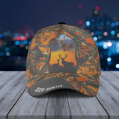 Deer Hunter Camouflage Baseball Cap – Sunset Forest Silhouette, Orange Woodland Statement Hat Baseball Cap