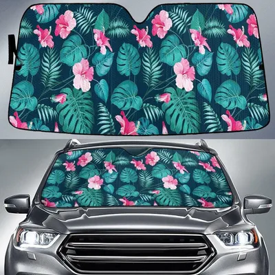 Pink Hawaiian Hibiscus Flower Over Monstera And Classic Palm Leave Car Sun Shades Cover Auto Windshield PrintSyde