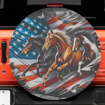 Distressed Us Flag Horse Spare Tire Cover - Patriotic Running Horses Americana Wheel Cover  & 4x4 Truck Spare Tire Cover