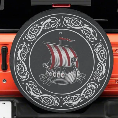 Viking Ship Spare Tire Cover, Norse Longship Design, Celtic Knot Border, Backup Camera Hole Option, Universal Fit For Car Truck Suv Spare Tire Cover