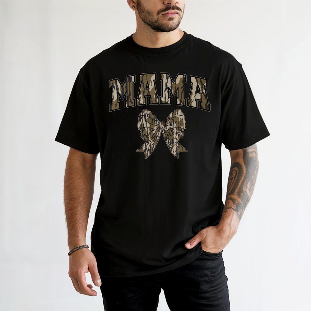 Oldschool Mama Camo Coquette Bow T-Shirt Unisex Cotton Round Neck T-Shirt Mama And Bow Design For Moms Mother S Day Gift