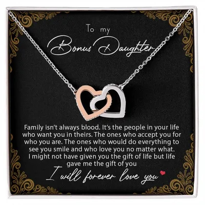 To My Bonus Daughter Family Isn'T Always Blood Interlocking Hearts Necklace