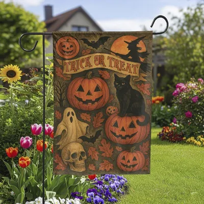 Trick Or Treat Halloween Flag, Black Cat Garden Flag, Spooky Season, Halloween Decor, Spooky Pumpkin Flag Vertical Garden Flag