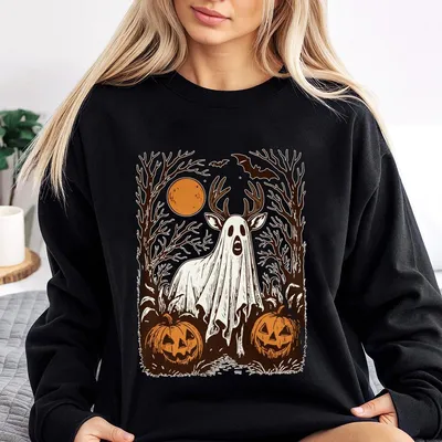 Halloween Forest Deer Hunting Spooky Unisex Sweatshirt Ghost Buck With Pumpkins Bats Unisex Sweatshirt Hunting Halloween
