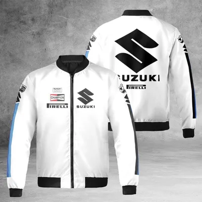 Bomber Jacket,Suzuki Motorcycles,Pirelli Champion Logo,Motogp Racing Fan Gear,Whiteblue Stripe Bomber Jacket
