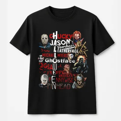 Horror Movie Characters T-Shirt Scary Halloween With Chucky Michael Myers Jason Freddy Pennywise Pinhead Graphic