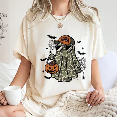 Camo Halloween Ghost T-shirt – Dog Graphic Candy Hunter Tee for Men & Women
