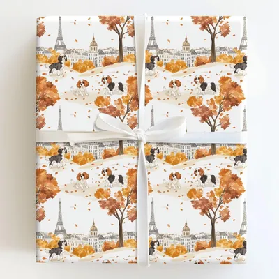 Paris with the Cavalier King Charles - Gift Wrap for Christmas, Holidays Wrapping Paper, Christmas Wrapping Paper