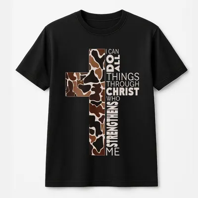 Christian Camo Cross T-Shirt, Philippians 4_13 Verse, Faithful Believers & Outdoorsmen, Inspirational Graphic T-Shirt For Daily Wear