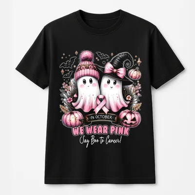 In October We Wear Pink Say Boo To Cancer T-Shirt,Breast Cancer Awareness T-Shirt,Halloween Ghost Pumpkin Spooky Sea