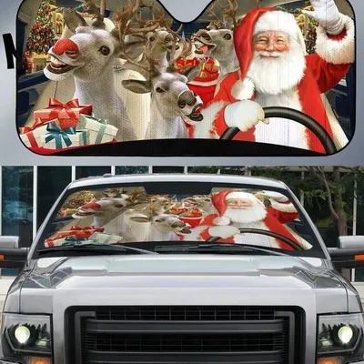 Santa And Reindeer Auto Car Sunshade