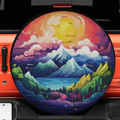 Vibrant Mountain Landscape Spare Tire Cover - Colorful Nature Art Bigfoot Car Accessories Spare Tire Cover