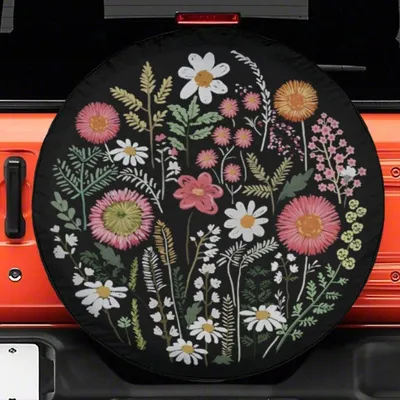 Wildflower Wreath Spare Tire Cover, Floral Embroidery Print, All Weather Vinyl, Universal Fit For Truck, Rv, Camper, Camera Hole Ready+ Spare Tire Cover