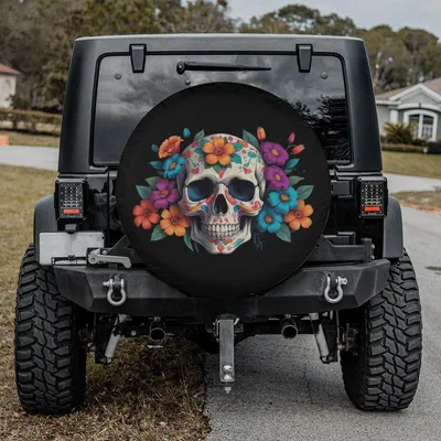 Halloween Skull Spare Tire Cover, Gothic Floral Sugar Skull Design, Dia De Los Muertos Style, Unique Car Accessory, Backup Camera Ready Spare Tire Cover