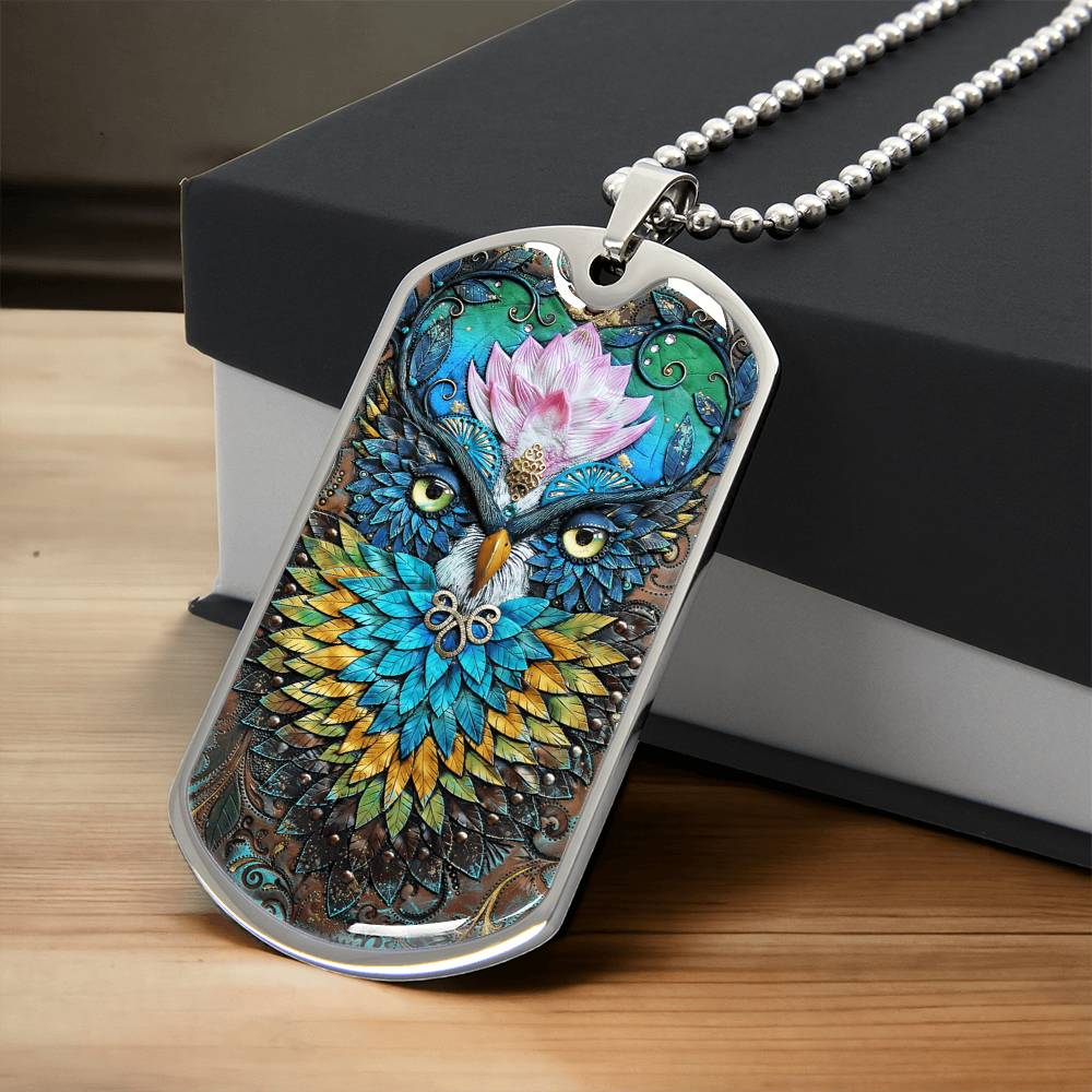 Mysterious Owl Pendant Necklace - Army Tag Necklace, Dog Tag