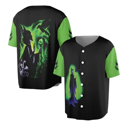 Baseball Jersey, Maleficent Silhouette Green Fire Graphic, Disney Mistress Of Evil Baseball Jersey