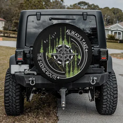 Always Take Scenic Route Spare Tire Cover, Forest Compass Graphic, Nature Adventure Off-Road Wheel Protector Spare Tire Cover