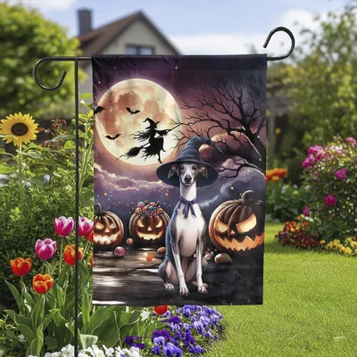 Halloween Italian Greyhound Garden Flag, Witch Hat Dog Spooky Yard Decor, Full Moon Bats Pumpkins, Outdoor Home Gift Vertical Garden Flag