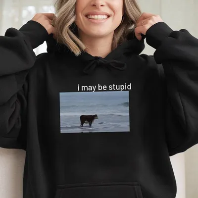 I May Be Stupid Cow On Beach Funny Meme Hoodie Menswear Top Cotton Hoodie Graphic Hoodie