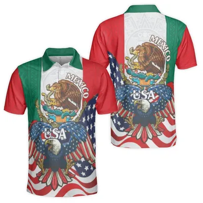 Mexico Usa Flag Polo, Mexican-American Heritage Polo Shirt, Eagle Patriotic Gift, Us Market