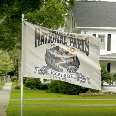 Protect Our National Parks Explore Nature Bear Forest House Flag Vintage Outdoor Hiking Decor Horizontal House Flag