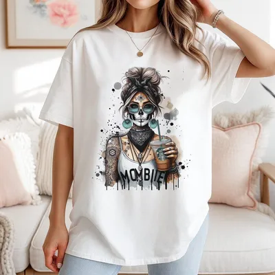 Halloween Mombie T-Shirt Spooky Skeleton Mom With Coffee Design Cozy Fall T-Shirt