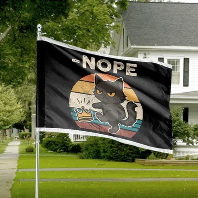 Angry Black Cat Kicking Crown Vintage Nope American House Flag, Funny Defiant Decor Horizontal House Flag