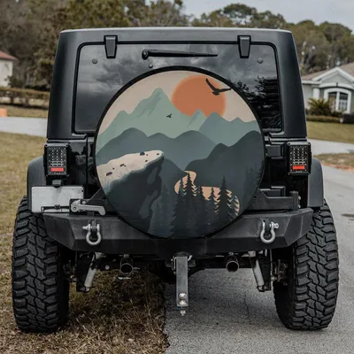 Adventure Mountain View Spare Tire Cover, Flat Art Style Sunset, All Season Universal Decor Spare Tire Cover