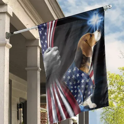 Christian Beagle Dog Wrapped In American Flag, Patriotic Faith Vertical House Flag, God Bless America Cross Yard Decor Vertical House Flag