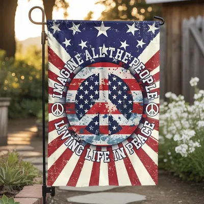 Happy 4th Of July, Imagine All The People Living Life In Peace Hippie American Flag Garden And House Flag Vertical Garden Flag