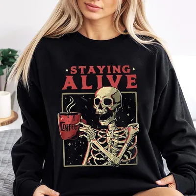 Women'S Skeleton Letter Print Drop Shoulder Sweatshirt Fashion Casual Half Sleeve Sweatshirt For Daily Outdoor Wear Ladies Clothes