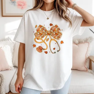 Fall Medical Cute Floral Bow Stethoscope T-Shirt Unisex For Nurses Doctors Medical Staff Perfect