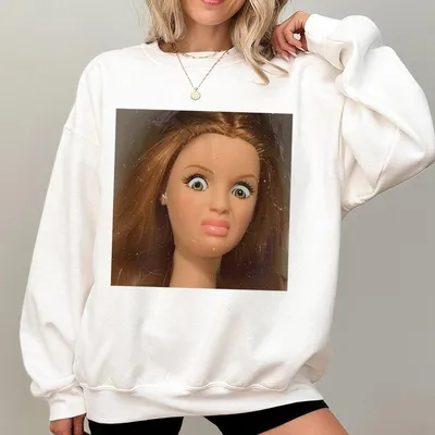 Funny Meme Sweatshirt With Shocked Doll Face Print Viral Facial Expression Sweatshirt For Sarcastic Humor Lovers  Trendy