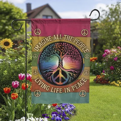 Imagine All The People Garden Flag , Peace And Love Boho Yard Decor Vertical Garden Flag