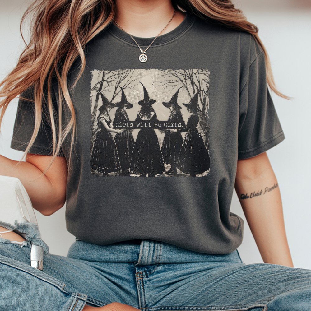 Funny Witch T-shirt – Vintage Girls Will Be Girls Retro Halloween Graphic Tee