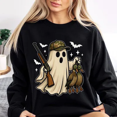 Funny Halloween Hunting Sweatshirt Sweatshirt Sweatshirt Ghost With Camouflage Hat And Ducks Spooky Duck Hunter Graphic