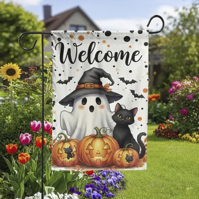 Cute Ghost And Black Cat Halloween Welcome Vertical Garden Flag, Pumpkin Bat Autumn Yard Decoration Vertical Garden Flag