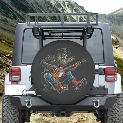 Bigfoot Plays Guitar Spare Tire Cover With Or Without Backup Camera Hole, Bigfoot Tire Cover, Black, Polyester, Motorcycle Spare Tire Cover