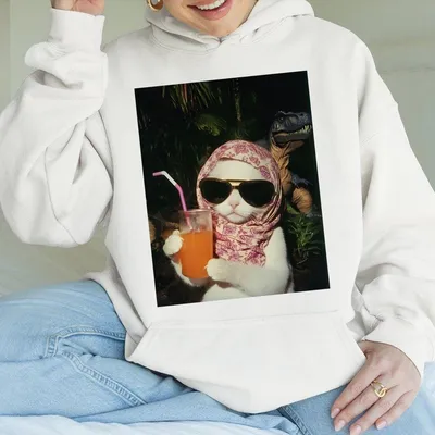 Just A Chill Girl Vintage Graphic Hoodie Cat And Dinosaur Hoodie Unisex Meme Cringe Funny Dumb Hoodie