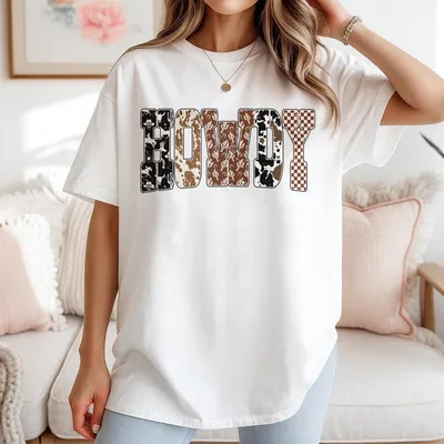 Howdy T-Shirt Western Halloween Ghost T-Shirt Cowboy Checkered Fall Letters T-Shirt Spooky Rustic T-Shirt