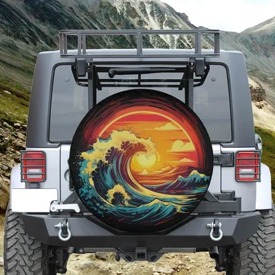 Ocean Wave Sunset Spare Tire Cover, Surf Art Design For Beach Lovers, Vibrant Coastal Style Car Accessory Spare Tire Cover