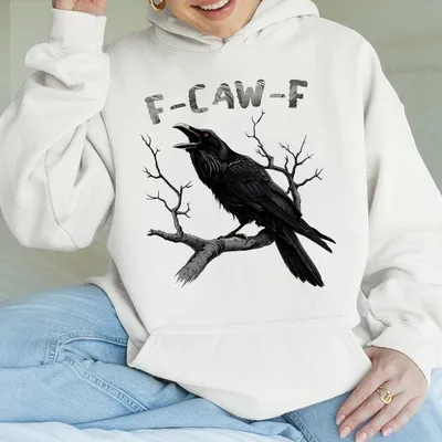 Made In Usa Raven Feather Print Round Neck Hoodie Mystical And Stylish Design For Nature Or Gothic Lovers Soft Cotton Blend