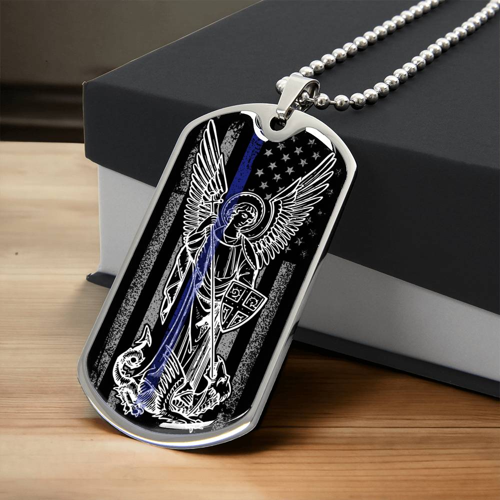 Police Officer Thin Blue Line With Archangel Michael - Military Style Dogtag - Army Tag Necklace, Dog Tag